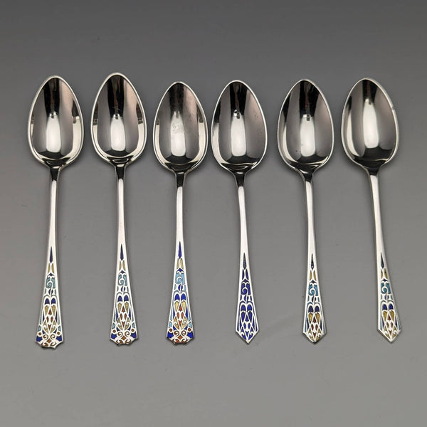 1930年代 英国ヴィンテージ 純銀製 エナメル装飾 ティースプーン6本セット